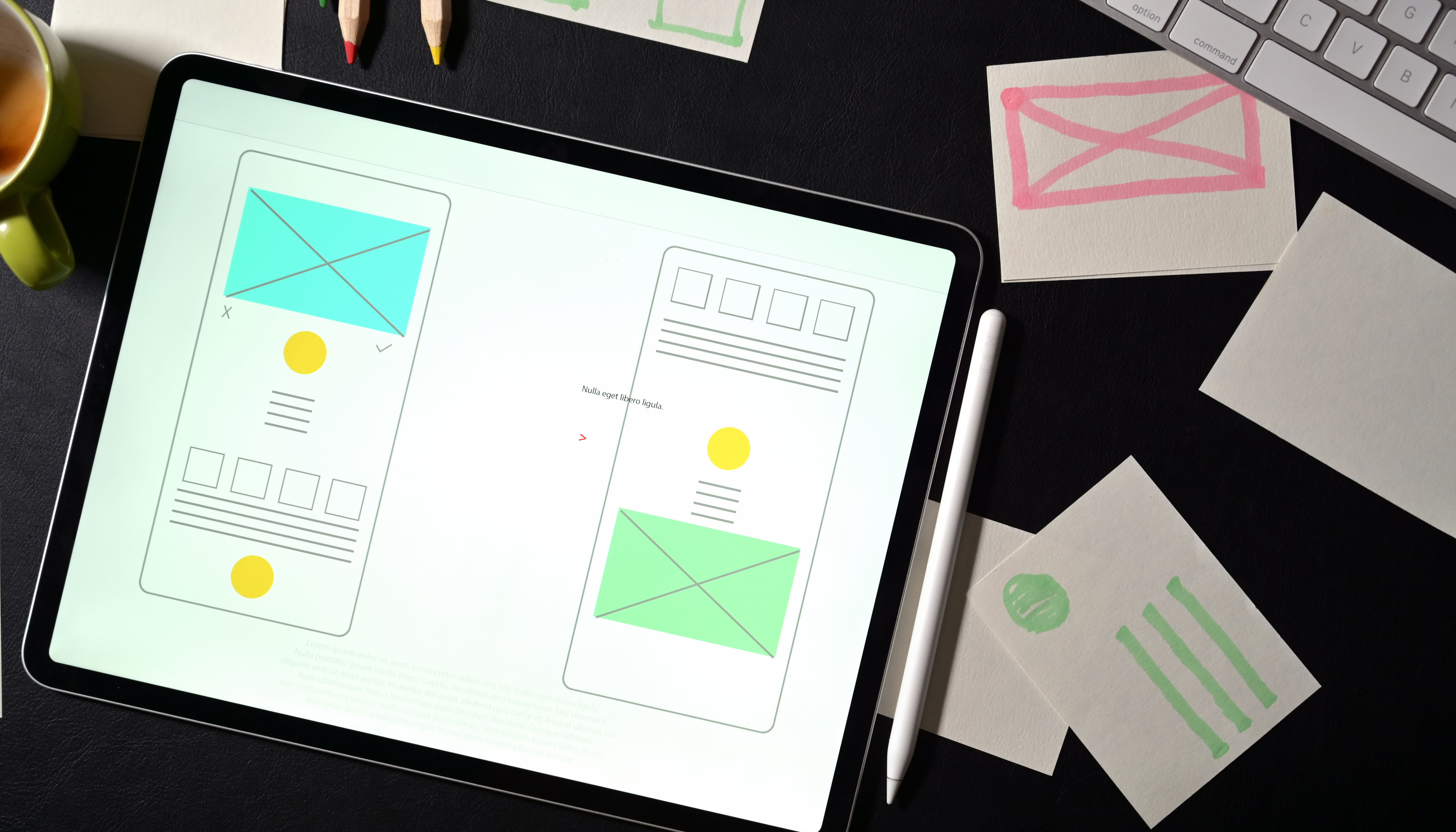 UI website creative designer workspace with template framework for mobile phone layout on dark leather desk