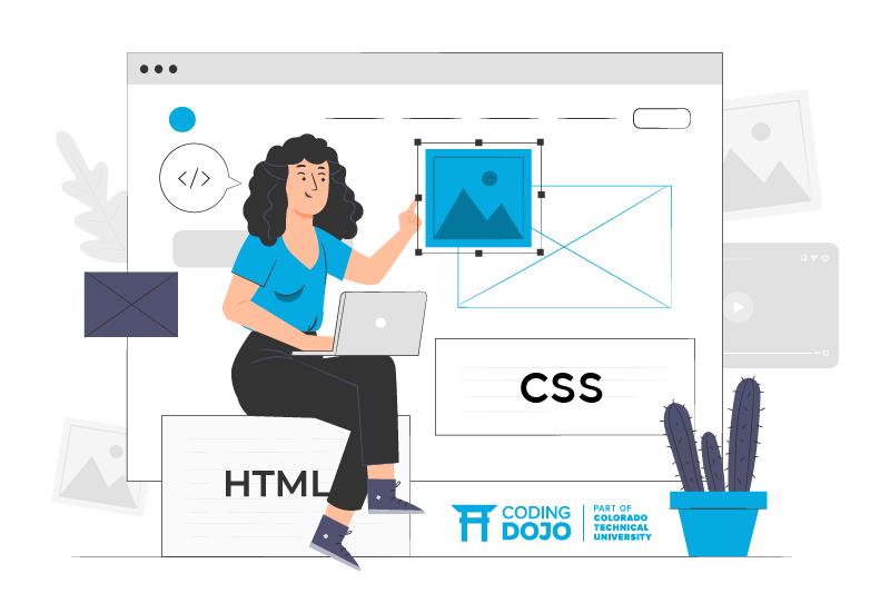 Illustration of woman around the text CSS and HTML