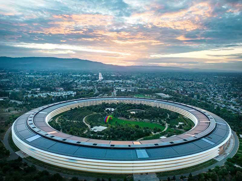 Aerial view of Apple headquarters in Cupertino, CA