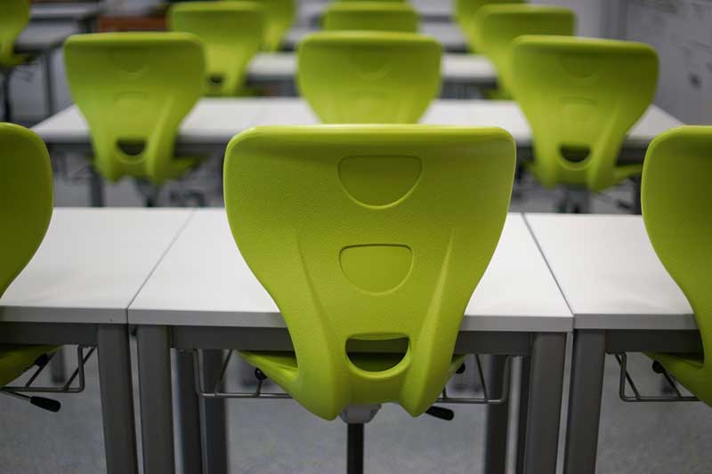 Chairs in a coding bootcamp classroom