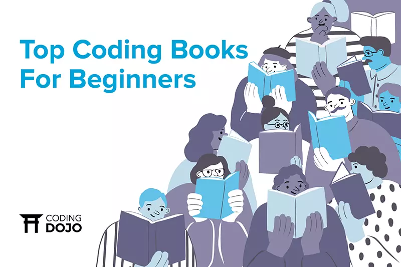 Illustration of many people reading coding books for beginners