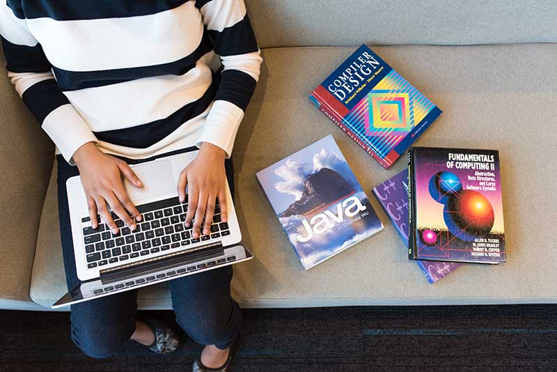 Person on laptop with coding books