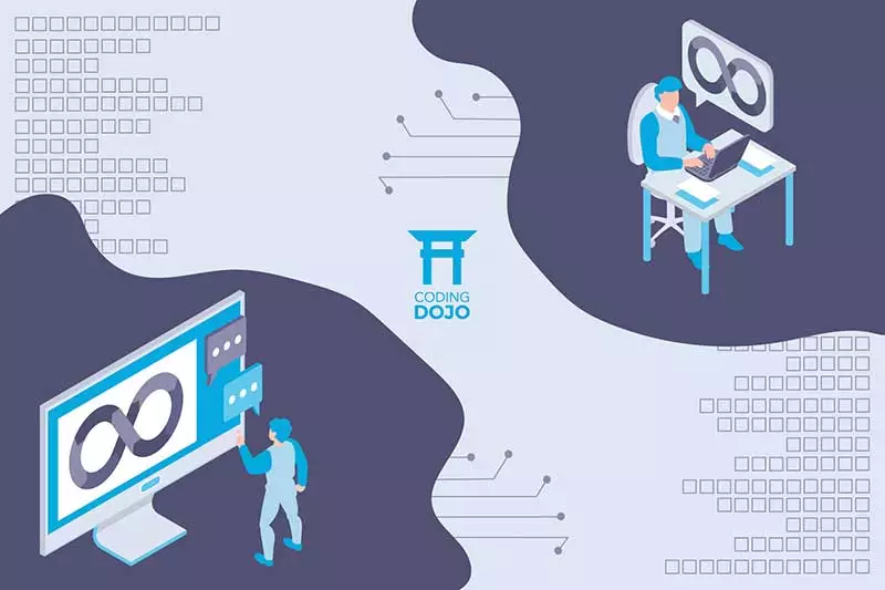 Blue and dark blue illustration of two developers working on a stack