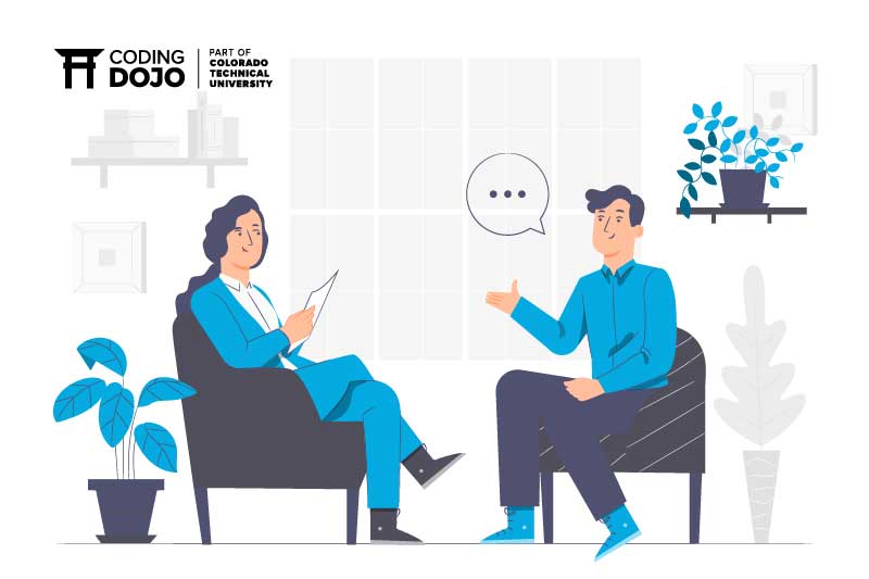 Illustration of an interviewer and a job candidate sitting across from each other