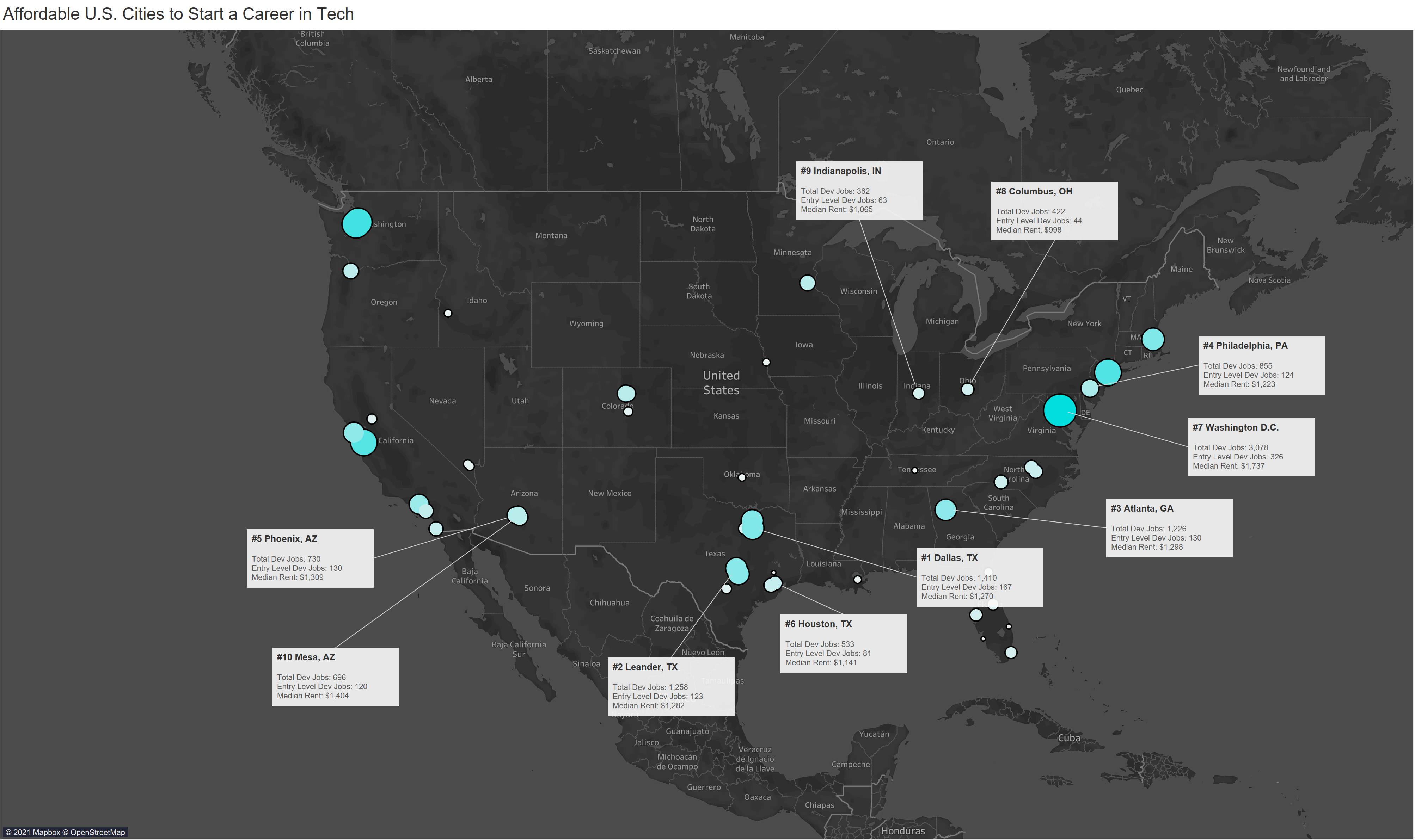 A map highlighting the 10 most affordable cities to start or continue your career in tech