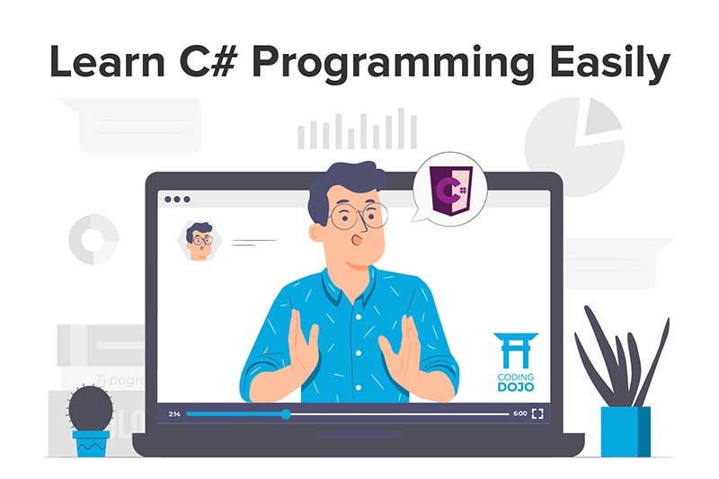 Illustration of instructor on laptop screen teaching C#