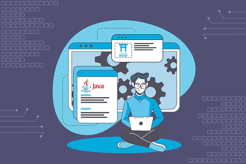 Illustration of man learning Java on his laptop