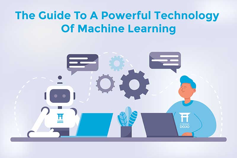 Illustration of man and robot sitting at laptops representing machine learning