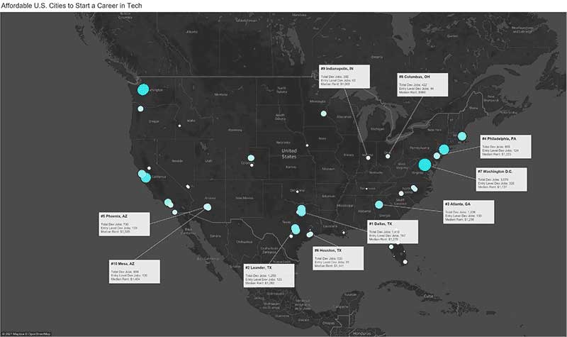 Map of the USA with top affordable tech cities labeled