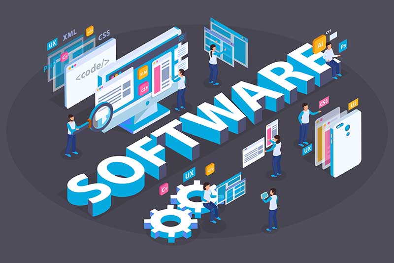 Illustration that says "software" with various software development logos and imagery