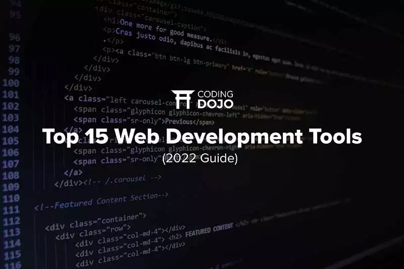 Text over code that says "Top 15 Web Development Tools"